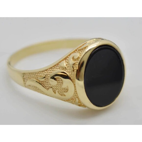 Real Solid 14K Yellow Gold Oval Black Onyx Signet Vintage Style Ring ALL Sizes - Picture 4 of 6
